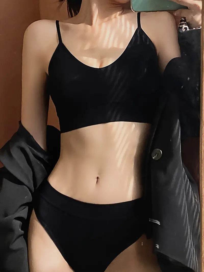 Black SEAMLESS RIBBED KNIT V NECK SPORTS BRA SET, PUSH UP INTIMATES CAMI BRA & BIKINI PANTY, WOMEN'S LINGERIE & UNDERWEAR